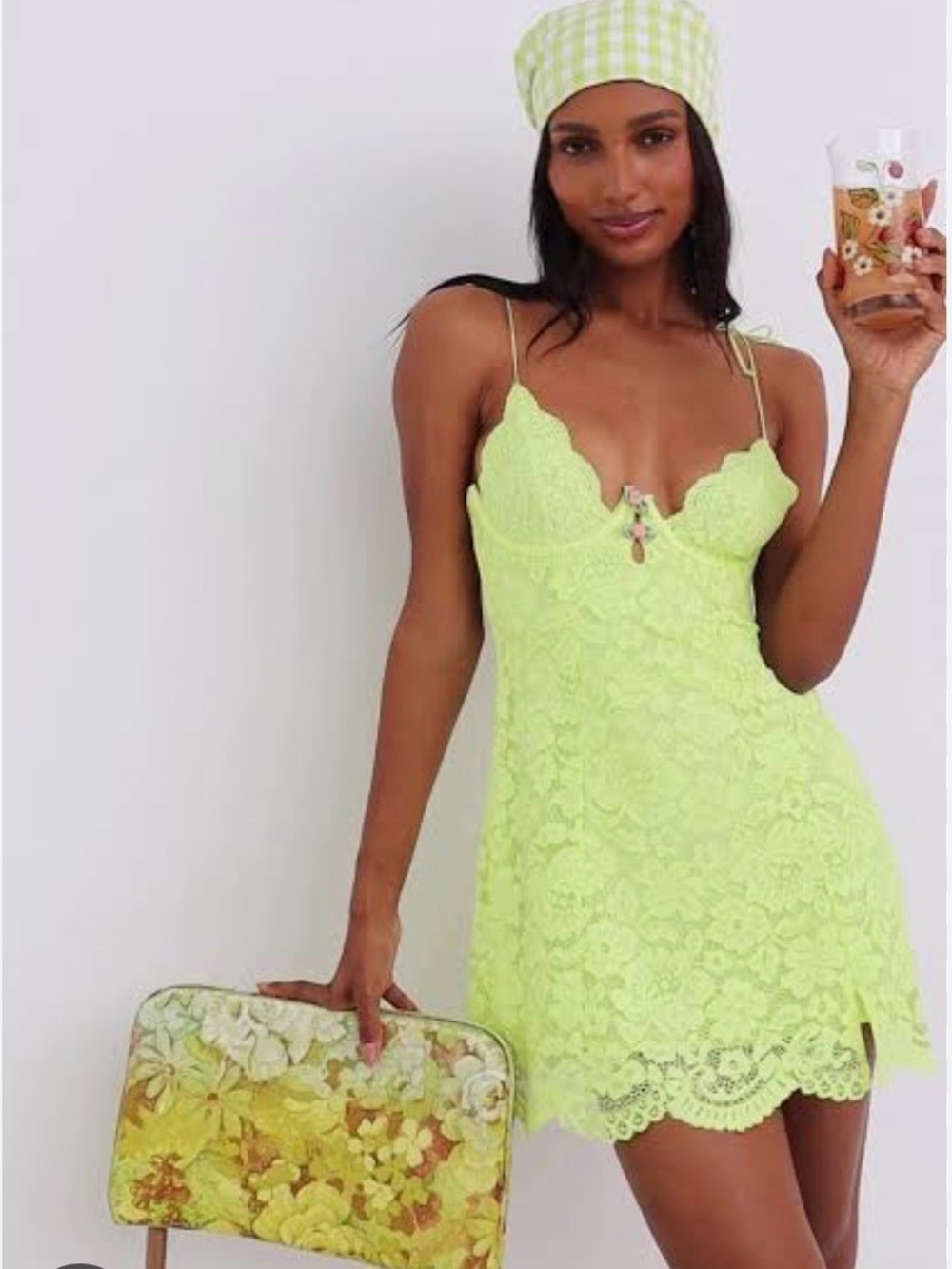 For love & lemons neon Green Lace Slip Dress